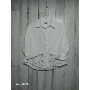Bugle Boy Classic White Collar Button Top with Floral Embroidery Small